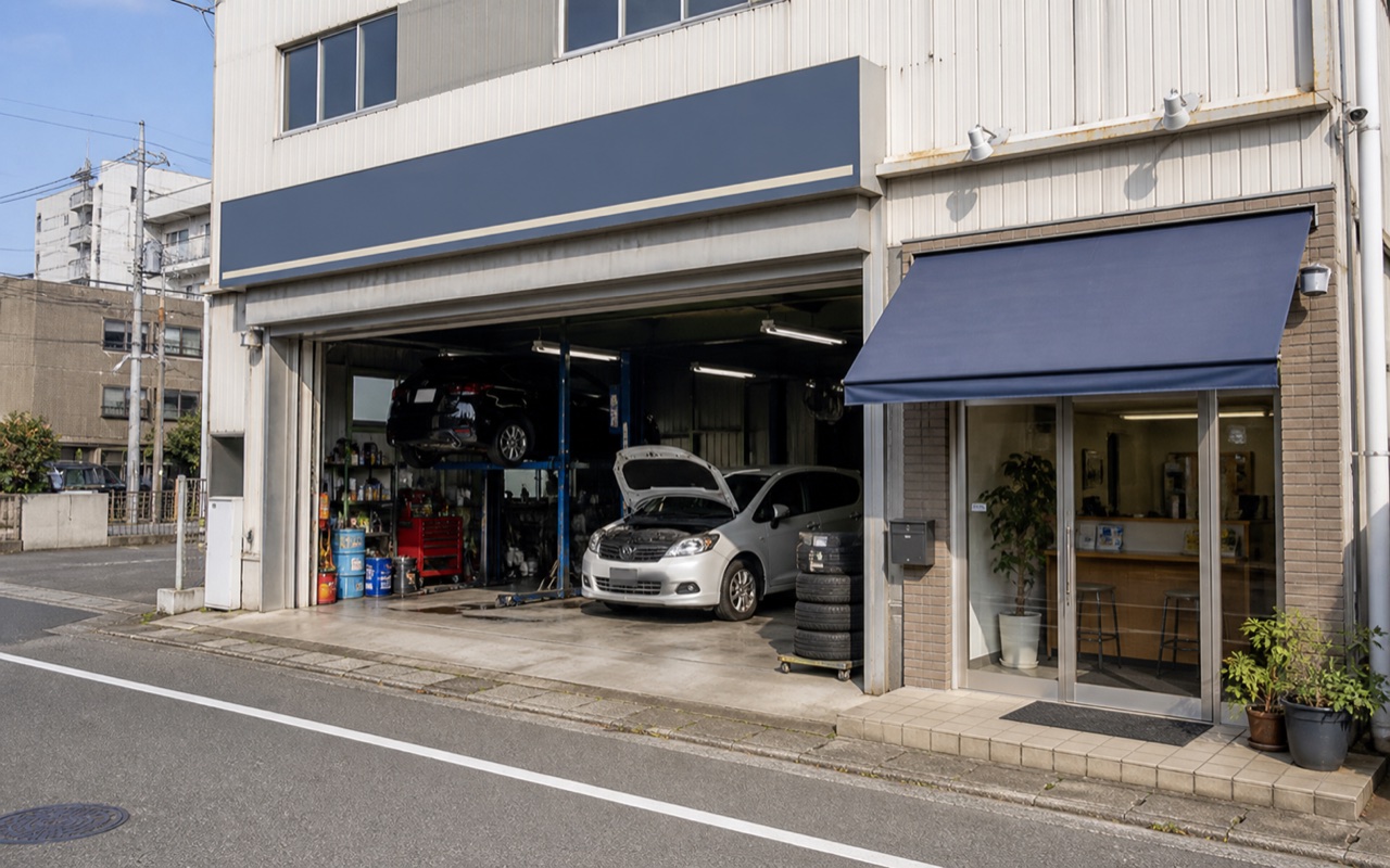 道路沿いにある整備工場の店舗外観写真